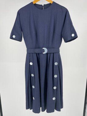 Vintage 60s Blue Fit & Flare Midi Dress Union Made Metal Zipper Retro S/M